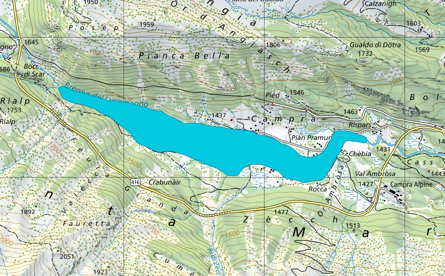Landeskarte swisstopo mit dem Schutzperimeter von Campall (Auengebiet)