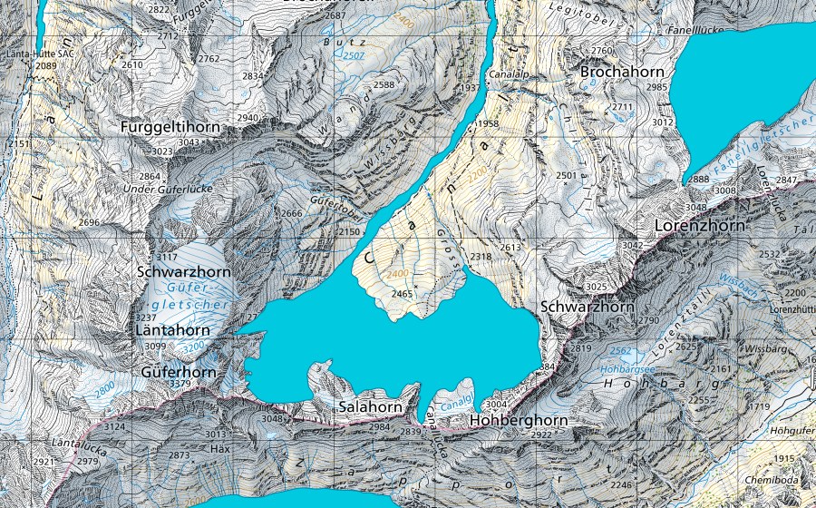 Landeskarte swisstopo mit dem Schutzperimeter von Canal Gletscher (Auengebiet)