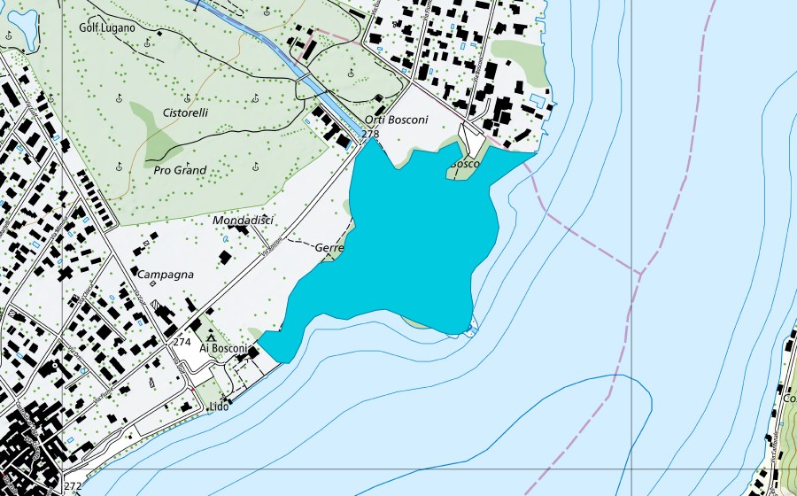 Landeskarte swisstopo mit dem Schutzperimeter von Caslano (Auengebiet)