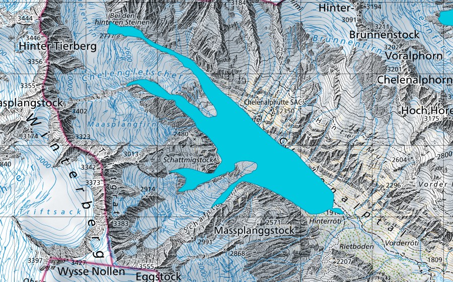 Carte nationale swisstopo avec le périmètre protégé de Chelengletscher (Zone alluviale)