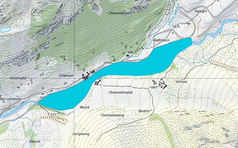 Landeskarte swisstopo mit dem Schutzperimeter von Chiemadmatte (Auengebiet)