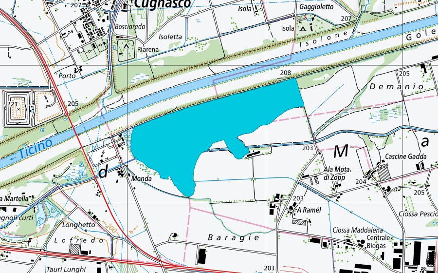 swisstopo national map showing the protected perimeter of Ciossa Antognini (Floodplain)