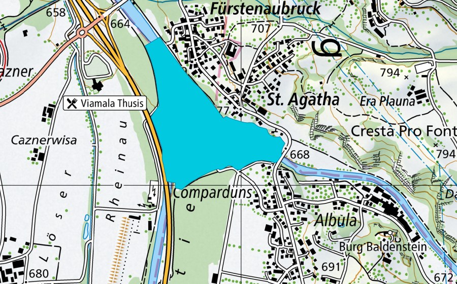 Landeskarte swisstopo mit dem Schutzperimeter von Cumparduns (Auengebiet)