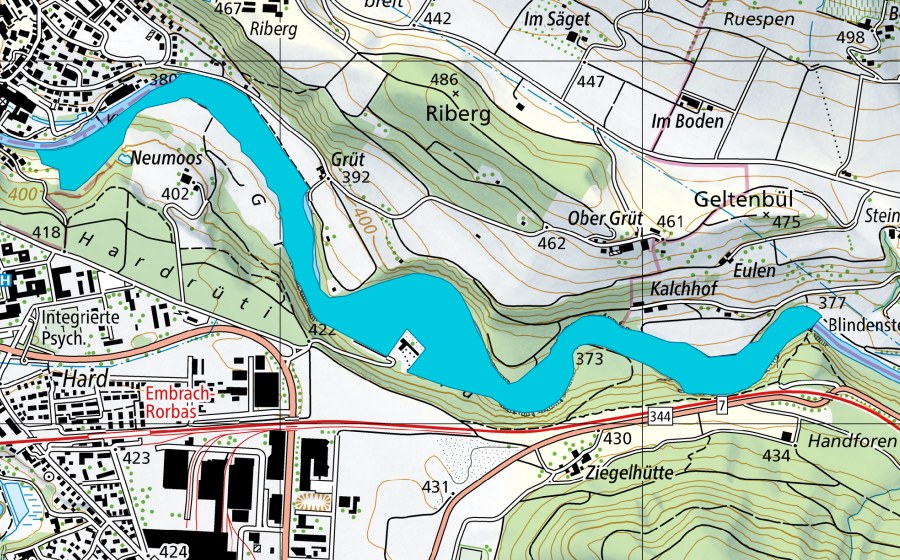 Carte nationale swisstopo avec le périmètre protégé de Dättlikon - Freienstein (Zone alluviale)
