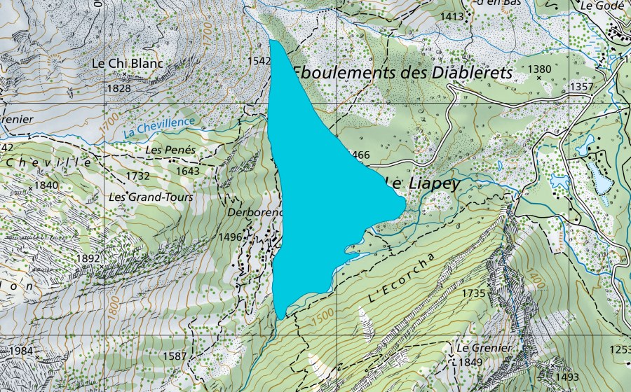 swisstopo national map showing the protected perimeter of Derborence (Floodplain)