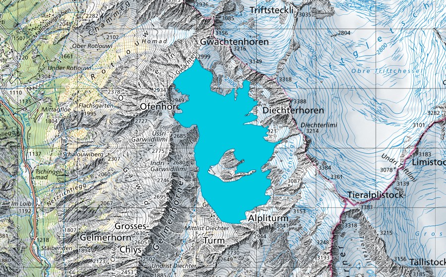 Carta nazionale swisstopo con il perimetro protetto di Diechtergletscher (Zona golenale)