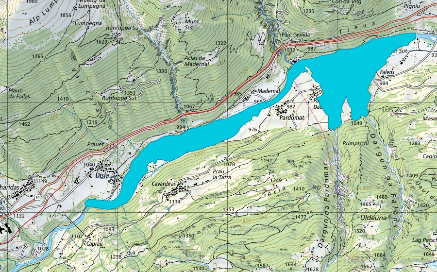 Landeskarte swisstopo mit dem Schutzperimeter von Disla - Pardomat (Auengebiet)
