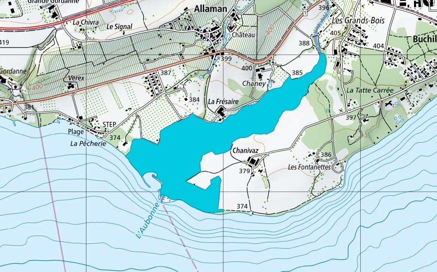 swisstopo national map showing the protected perimeter of Embouchure de l'Aubonne (Floodplain)