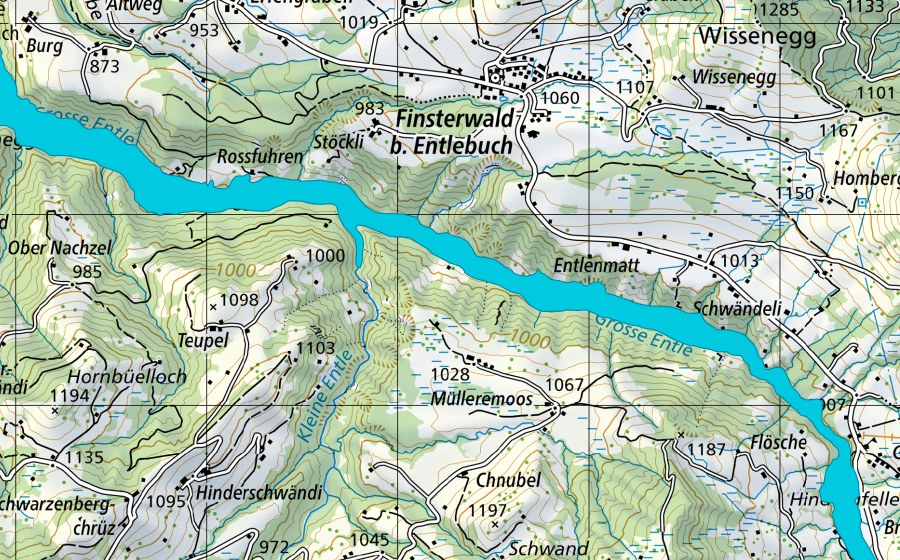 swisstopo national map showing the protected perimeter of Entlental (Floodplain)