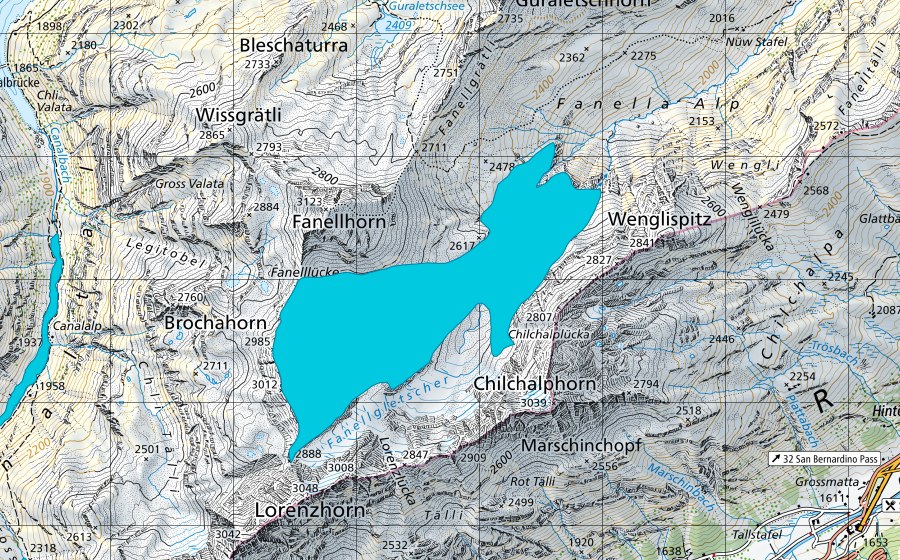 Carte nationale swisstopo avec le périmètre protégé de Fanellgletscher (Zone alluviale)