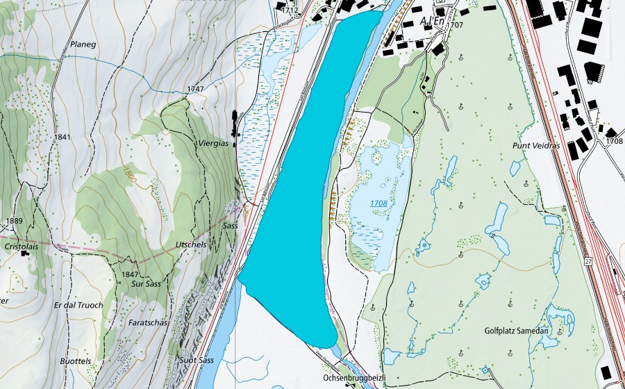 swisstopo national map showing the protected perimeter of Flaz (Floodplain)