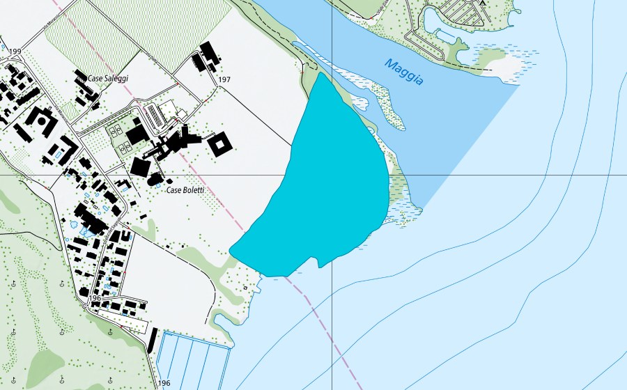 Landeskarte swisstopo mit dem Schutzperimeter von Foce della Maggia (Auengebiet)