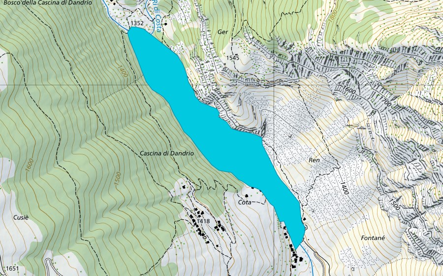 Carte nationale swisstopo avec le périmètre protégé de Fontane (Zone alluviale)
