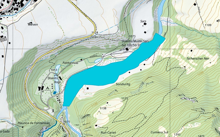 swisstopo national map showing the protected perimeter of Fontanivas-Sonduritg (Floodplain)