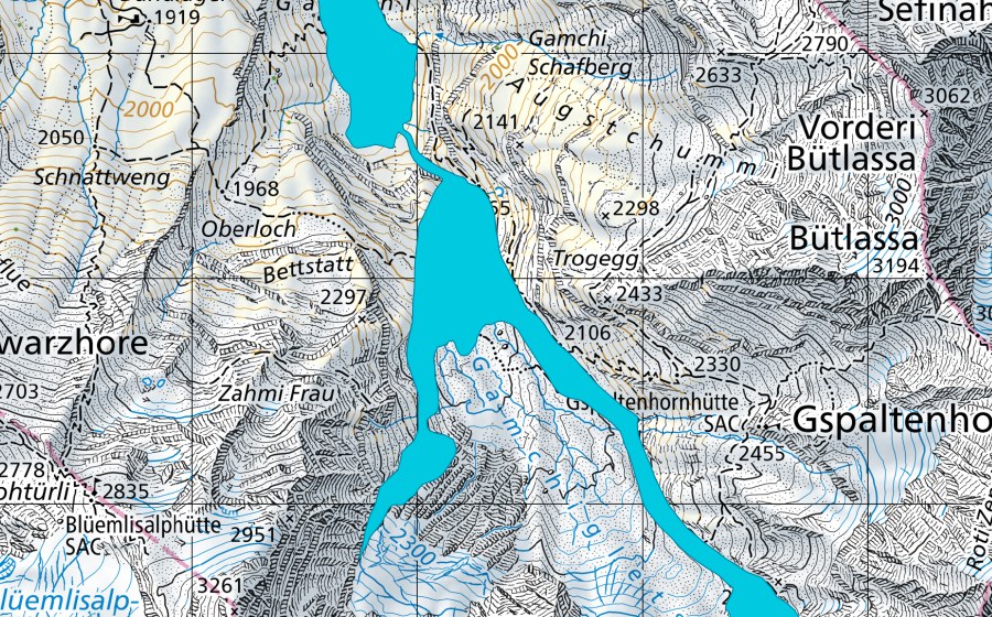 Landeskarte swisstopo mit dem Schutzperimeter von Gamchigletscher (Auengebiet)