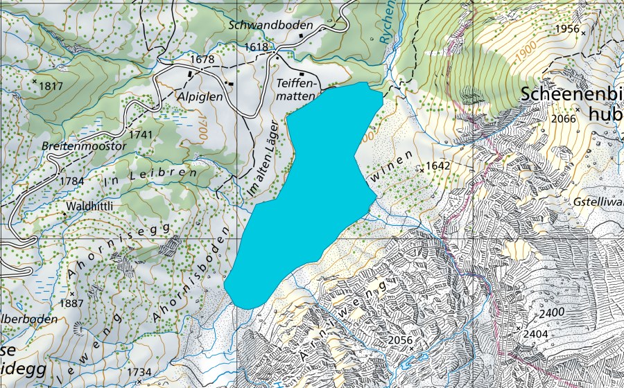 Carte nationale swisstopo avec le périmètre protégé de Ganzenlouwina (Zone alluviale)