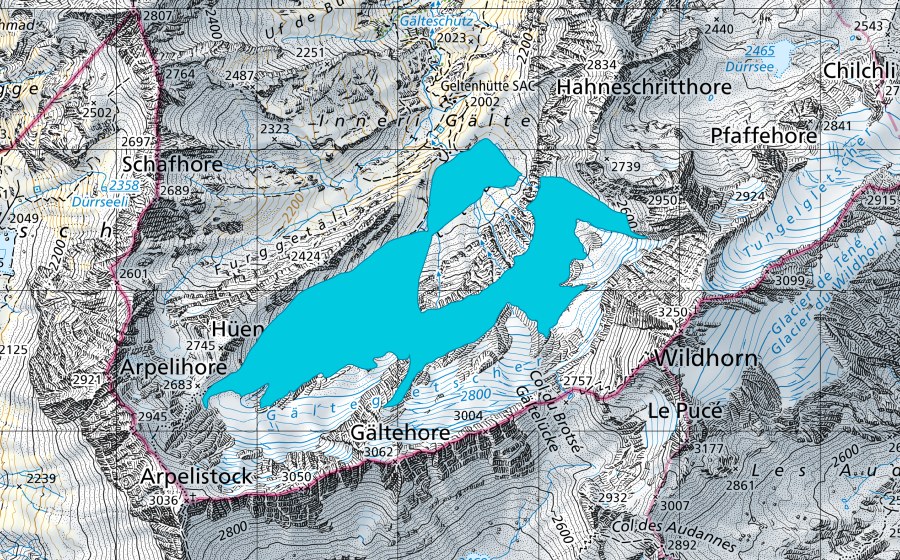 Carte nationale swisstopo avec le périmètre protégé de Geltengletscher (Zone alluviale)