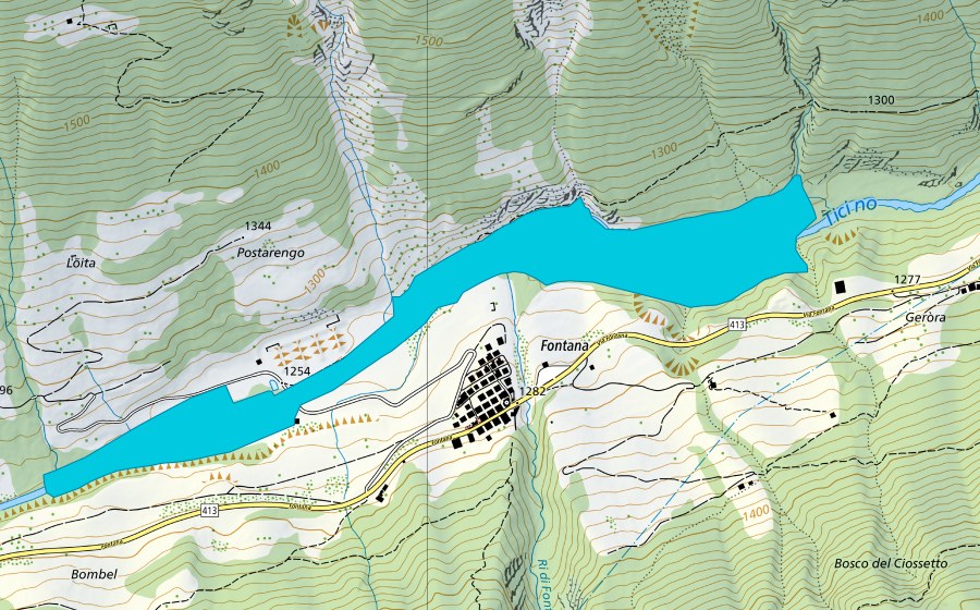 swisstopo national map showing the protected perimeter of Geròra (Floodplain)