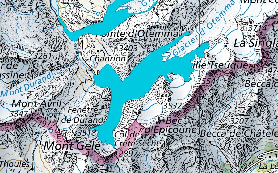 Carte nationale swisstopo avec le périmètre protégé de Glacier d'Otemma (Zone alluviale)