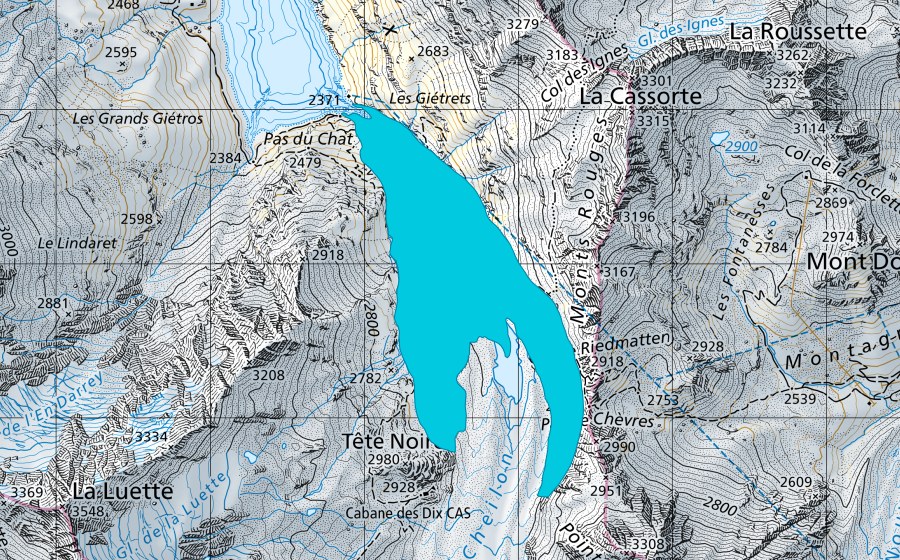 Carta nazionale swisstopo con il perimetro protetto di Glacier de Cheilon (Zona golenale)