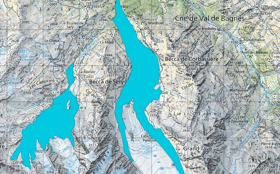 Landeskarte swisstopo mit dem Schutzperimeter von Glacier de Corbassière (Auengebiet)
