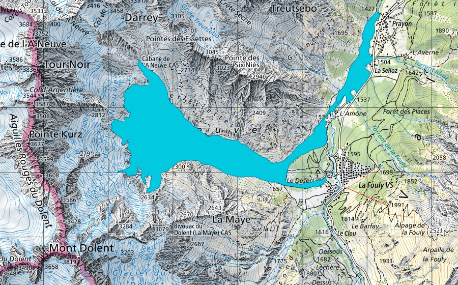 swisstopo national map showing the protected perimeter of Glacier de l'A Neuve (Floodplain)