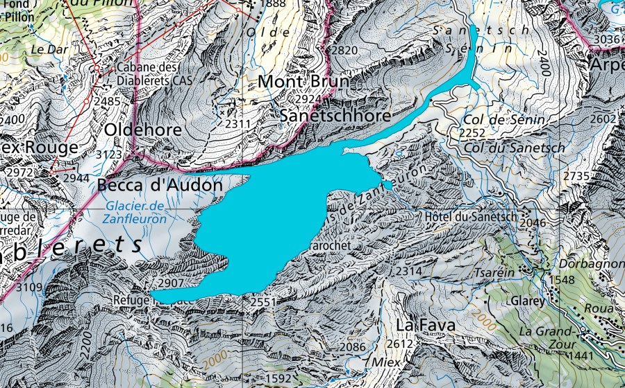 Carta nazionale swisstopo con il perimetro protetto di Glacier de Tsanfleuron (Zona golenale)