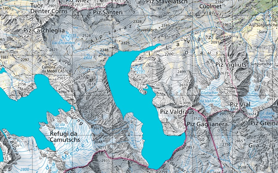 Landeskarte swisstopo mit dem Schutzperimeter von Glatscher da Lavaz (Auengebiet)