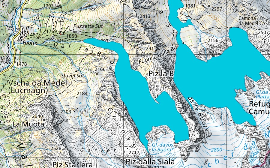 swisstopo national map showing the protected perimeter of Glatscher Davos la Buora (Floodplain)