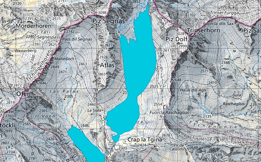 Carte nationale swisstopo avec le périmètre protégé de Glatschiu dil Segnas (Zone alluviale)