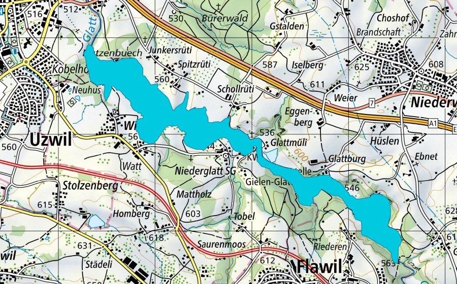 Carta nazionale swisstopo con il perimetro protetto di Glatt nordwestlich Flawil (Zona golenale)