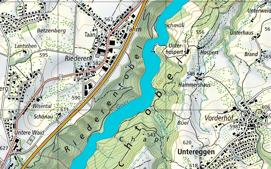 swisstopo national map showing the protected perimeter of Goldachtobel (Floodplain)