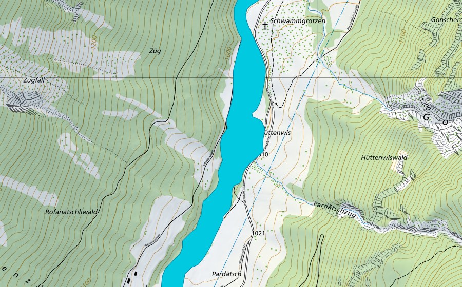 swisstopo national map showing the protected perimeter of Görbsbach (Floodplain)