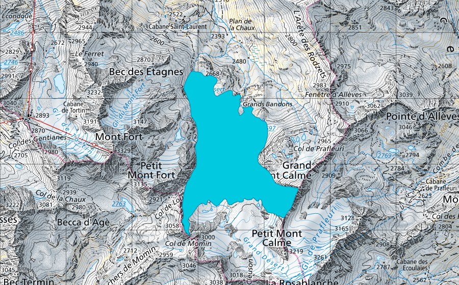 swisstopo national map showing the protected perimeter of Grand Désert (Floodplain)