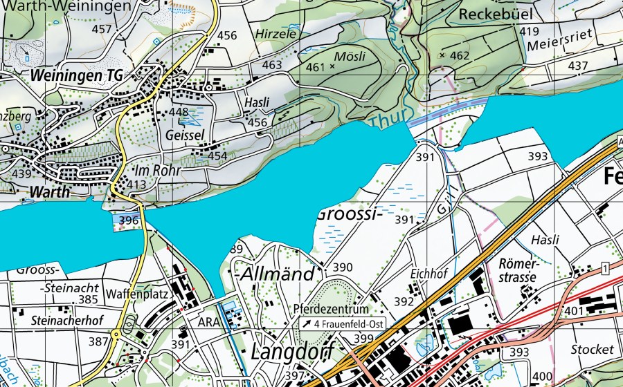swisstopo national map showing the protected perimeter of Hau - Äuli (Floodplain)