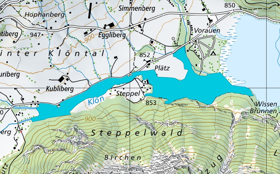 swisstopo national map showing the protected perimeter of Hinter Klöntal (Floodplain)