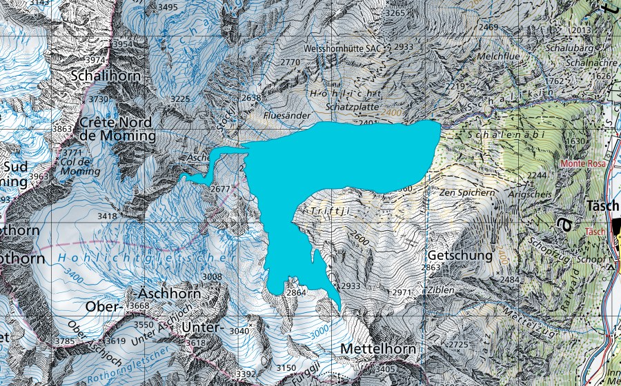 Carte nationale swisstopo avec le périmètre protégé de Hohlichtgletscher (Zone alluviale)