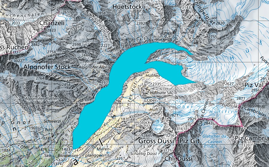 Carta nazionale swisstopo con il perimetro protetto di Hüfifirn (Zona golenale)
