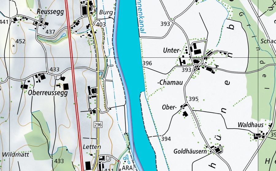 Carte nationale swisstopo avec le périmètre protégé de Hünenberg Reussweiden (Zone alluviale)