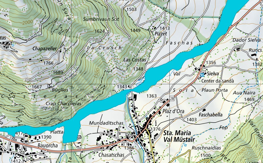 Carta nazionale swisstopo con il perimetro protetto di Il Rom Valchava-Graveras (Müstair) (Zona golenale)