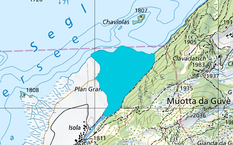 swisstopo national map showing the protected perimeter of Isola/Plan Grand (Floodplain)