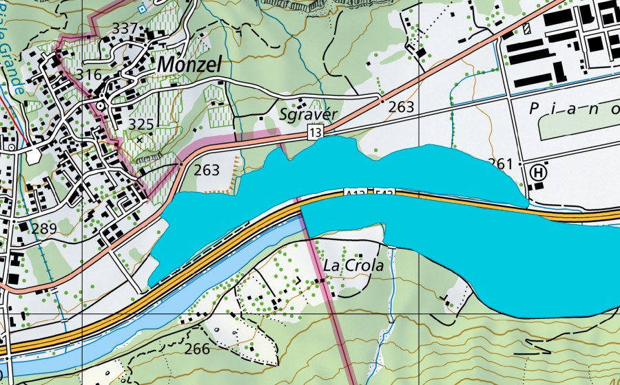 Carte nationale swisstopo avec le périmètre protégé de Isola (Zone alluviale)