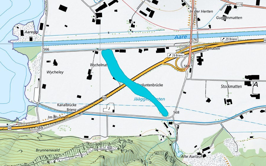 swisstopo national map showing the protected perimeter of Jägglisglunte (Floodplain)