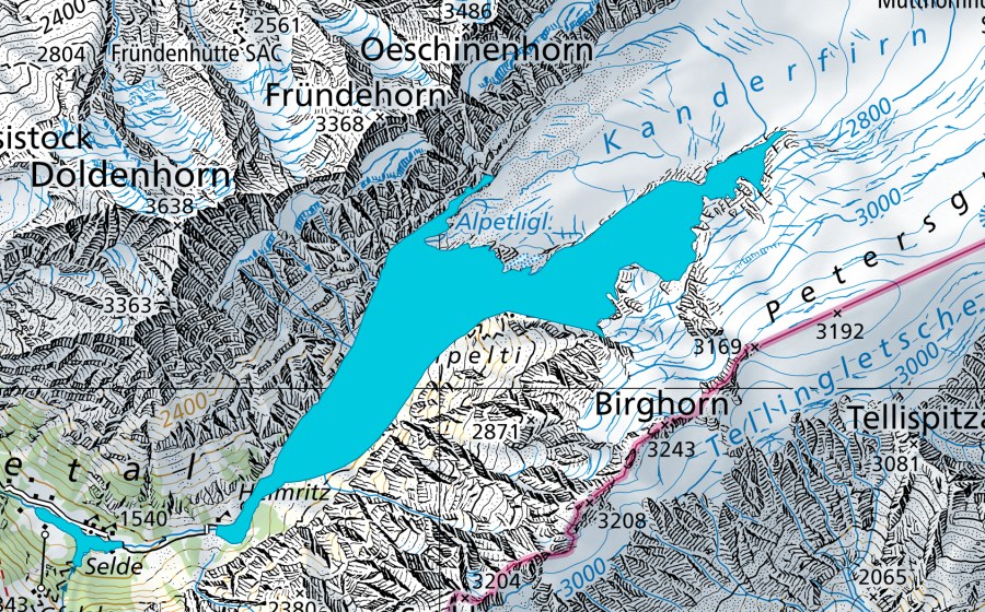 Landeskarte swisstopo mit dem Schutzperimeter von Kanderfirn (Auengebiet)