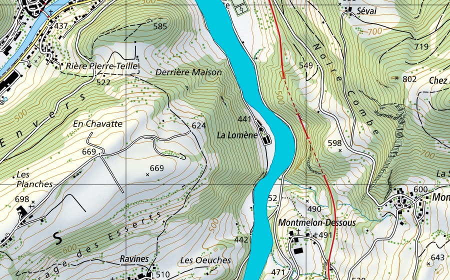 Landeskarte swisstopo mit dem Schutzperimeter von La Lomenne (Auengebiet)