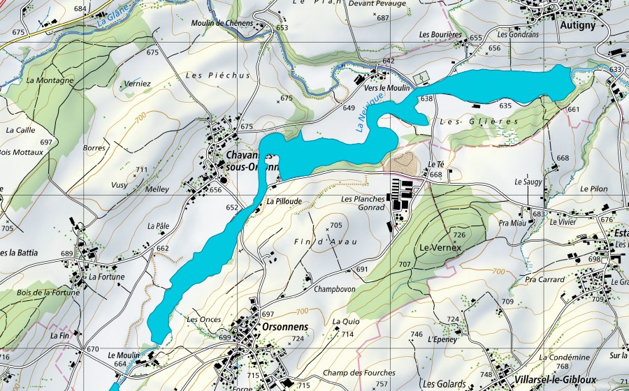 Carte nationale swisstopo avec le périmètre protégé de La Neirigue et la Glâne (Zone alluviale)