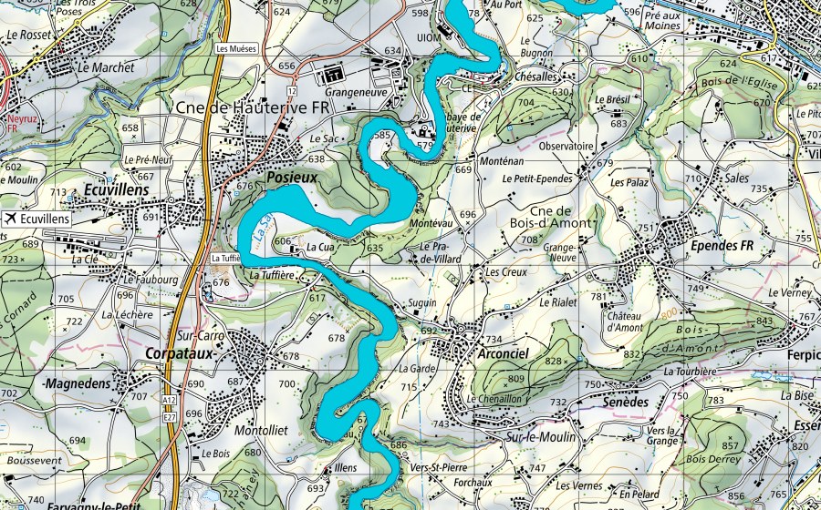 Carta nazionale swisstopo con il perimetro protetto di La Sarine: Rossens - Fribourg (Zona golenale)