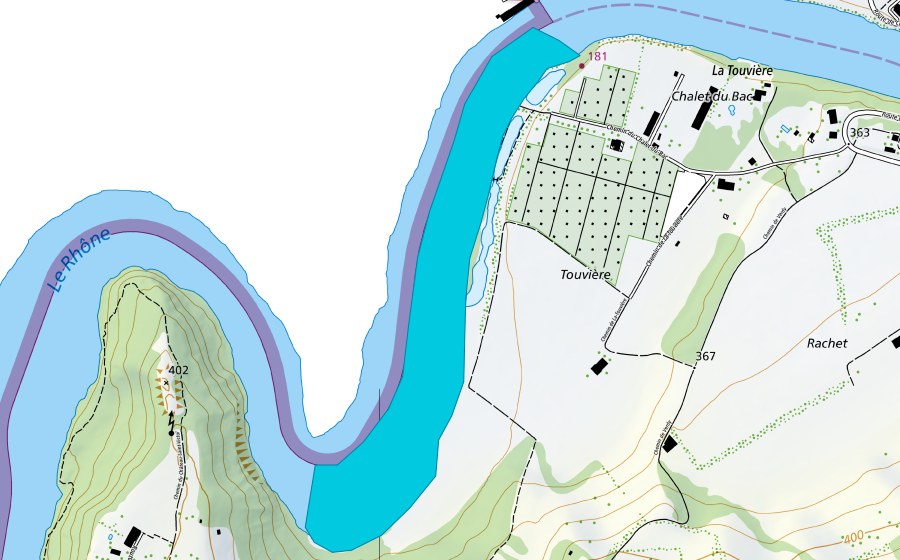 Landeskarte swisstopo mit dem Schutzperimeter von La Touvière (Auengebiet)