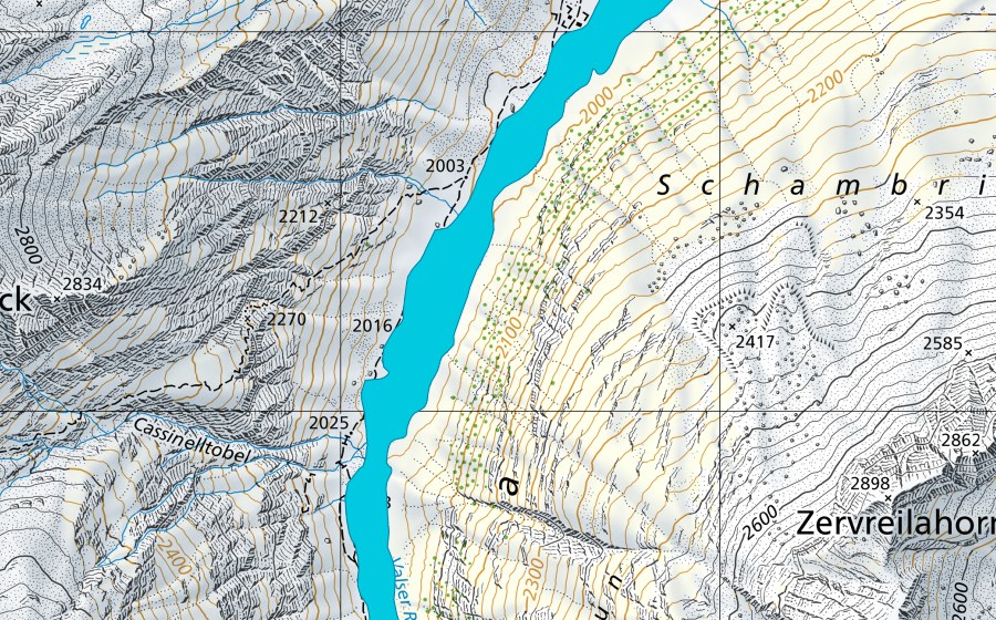 swisstopo national map showing the protected perimeter of Lampertschalp (Floodplain)