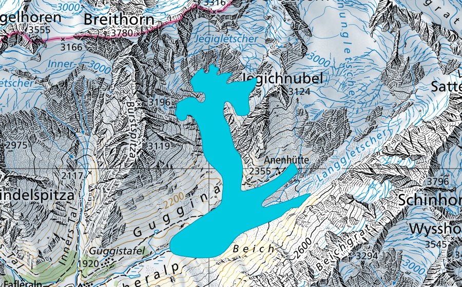 Carte nationale swisstopo avec le périmètre protégé de Langgletscher/Jegigletscher (Zone alluviale)